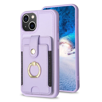 ELECTROPRIME For iPhone 15 BF27 Metal Ring Card Bag Holder Phone Case(Purple)