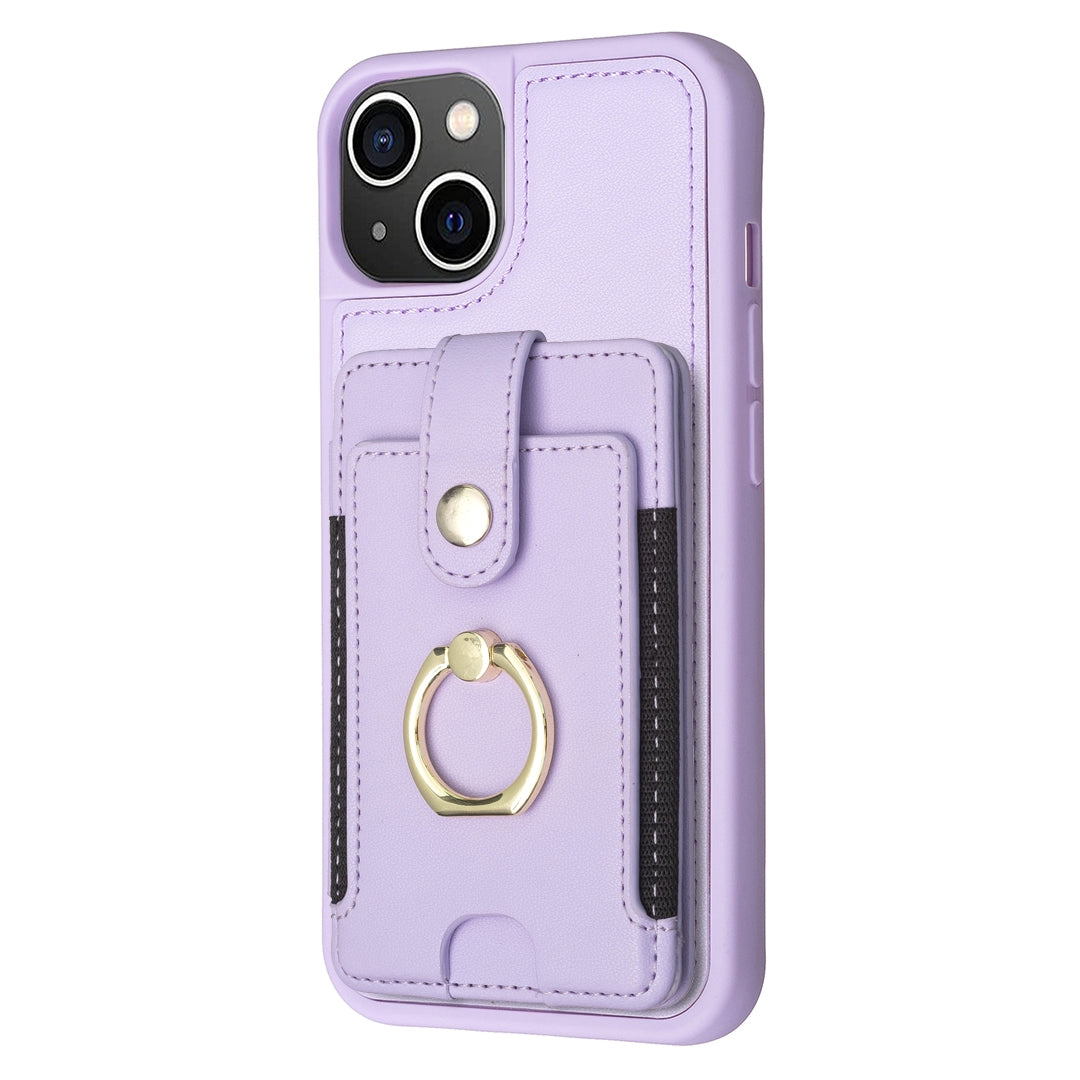 ELECTROPRIME For iPhone 15 BF27 Metal Ring Card Bag Holder Phone Case(Purple)