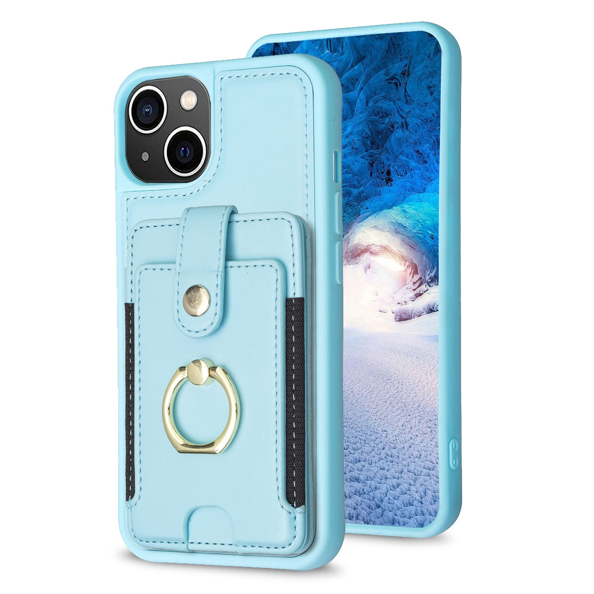 ELECTROPRIME For iPhone 15 BF27 Metal Ring Card Bag Holder Phone Case(Blue)