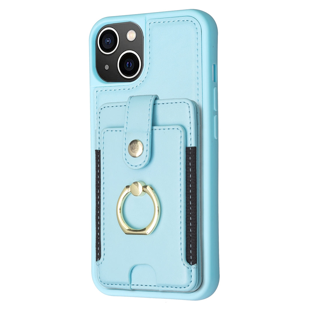 ELECTROPRIME For iPhone 15 BF27 Metal Ring Card Bag Holder Phone Case(Blue)
