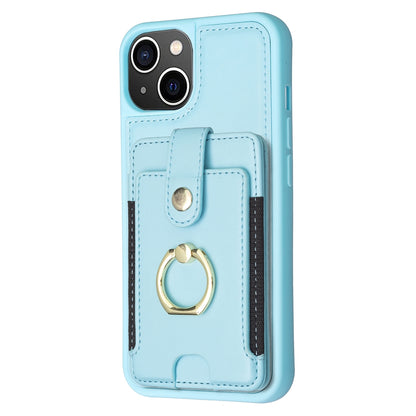 ELECTROPRIME For iPhone 15 BF27 Metal Ring Card Bag Holder Phone Case(Blue)