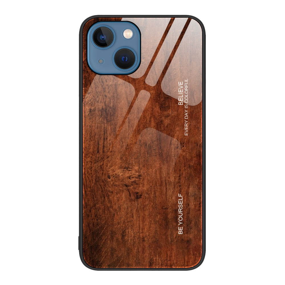 ELECTROPRIME For iPhone 15 Wood Grain Glass Phone Case(Dark Brown)