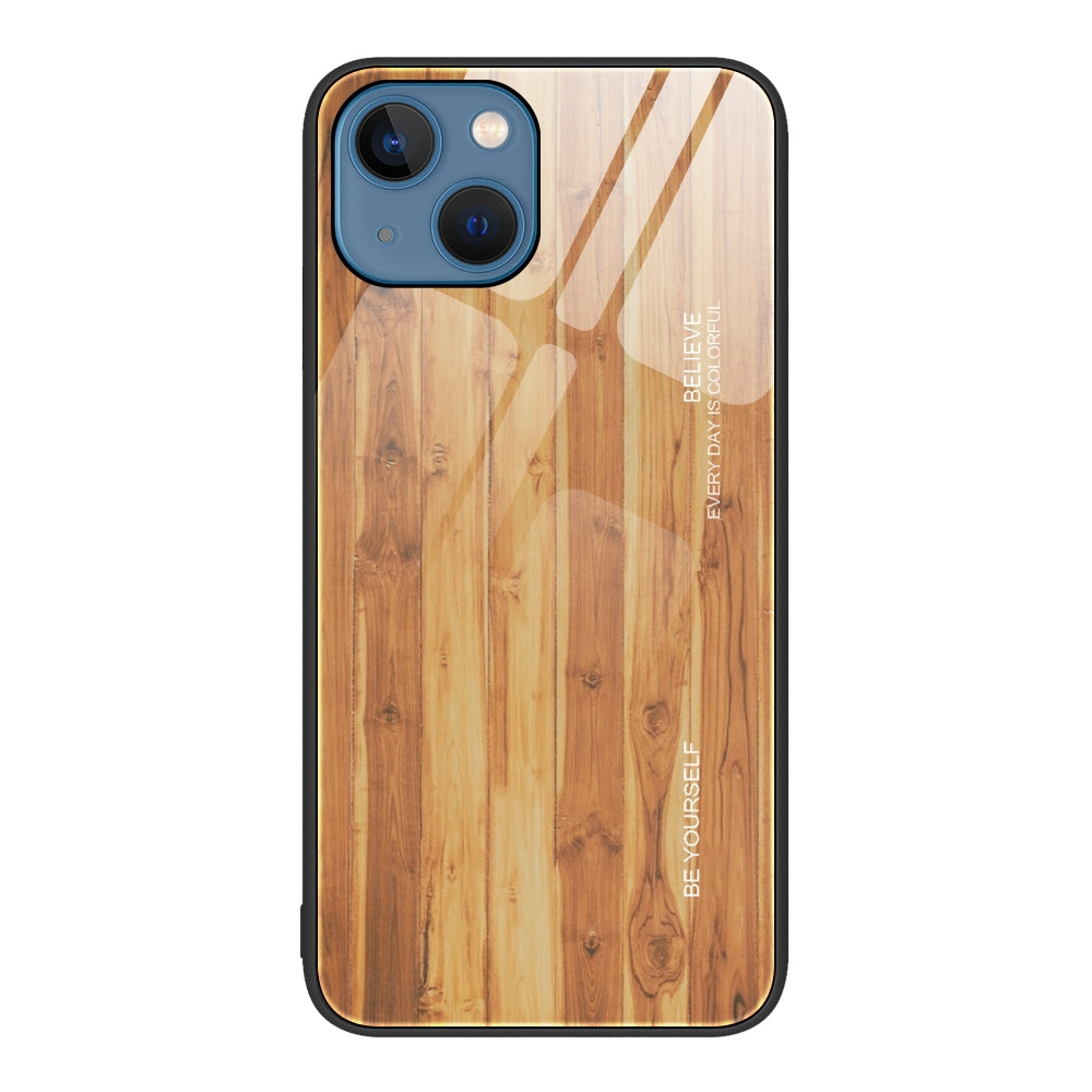 ELECTROPRIME For iPhone 15 Wood Grain Glass Phone Case(Yellow)