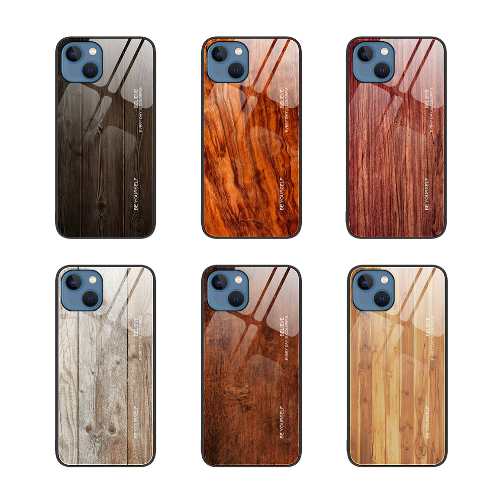 ELECTROPRIME For iPhone 15 Wood Grain Glass Phone Case(Yellow)