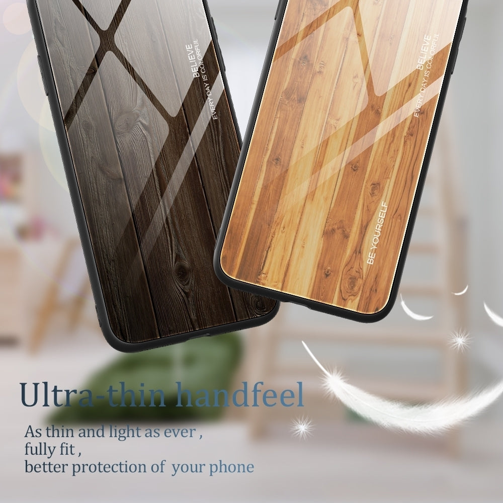 ELECTROPRIME For iPhone 15 Wood Grain Glass Phone Case(Yellow)
