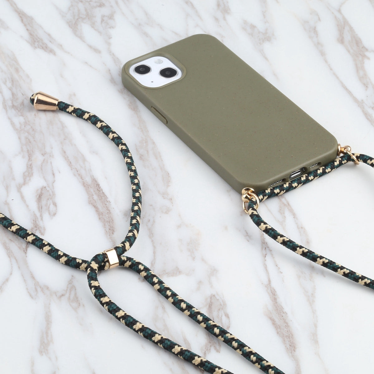 ELECTROPRIME For iPhone 15 Wheat Straw TPU Shockproof Phone Case with Neck Lanyard(Dark Green)