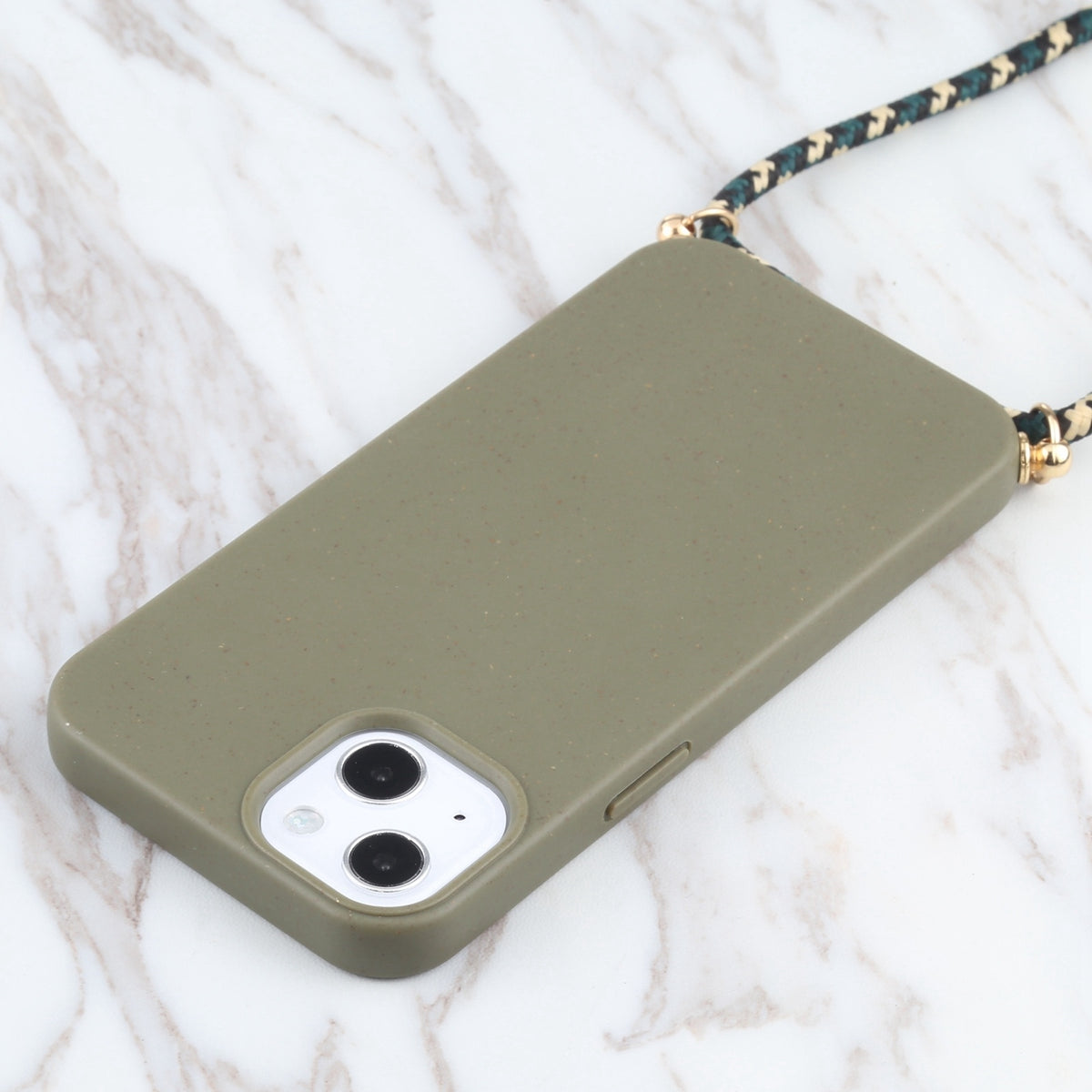 ELECTROPRIME For iPhone 15 Wheat Straw TPU Shockproof Phone Case with Neck Lanyard(Dark Green)