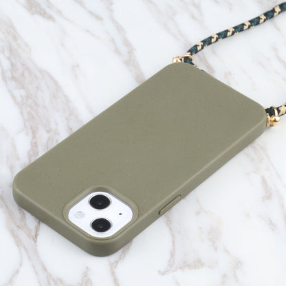 ELECTROPRIME For iPhone 15 Wheat Straw TPU Shockproof Phone Case with Neck Lanyard(Dark Green)