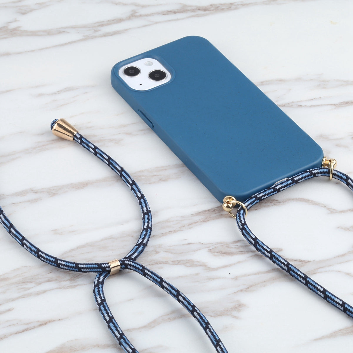 ELECTROPRIME For iPhone 15 Wheat Straw TPU Shockproof Phone Case with Neck Lanyard(Blue)