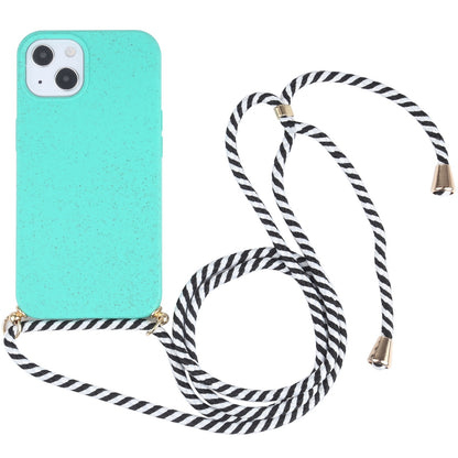 ELECTROPRIME For iPhone 15 Wheat Straw TPU Shockproof Phone Case with Neck Lanyard(Green)