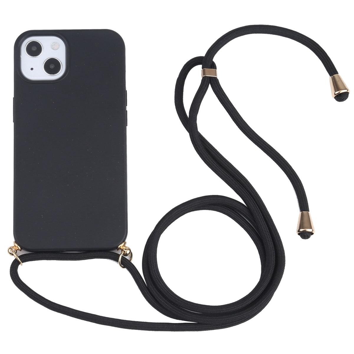 ELECTROPRIME For iPhone 15 Wheat Straw TPU Shockproof Phone Case with Neck Lanyard(Black)