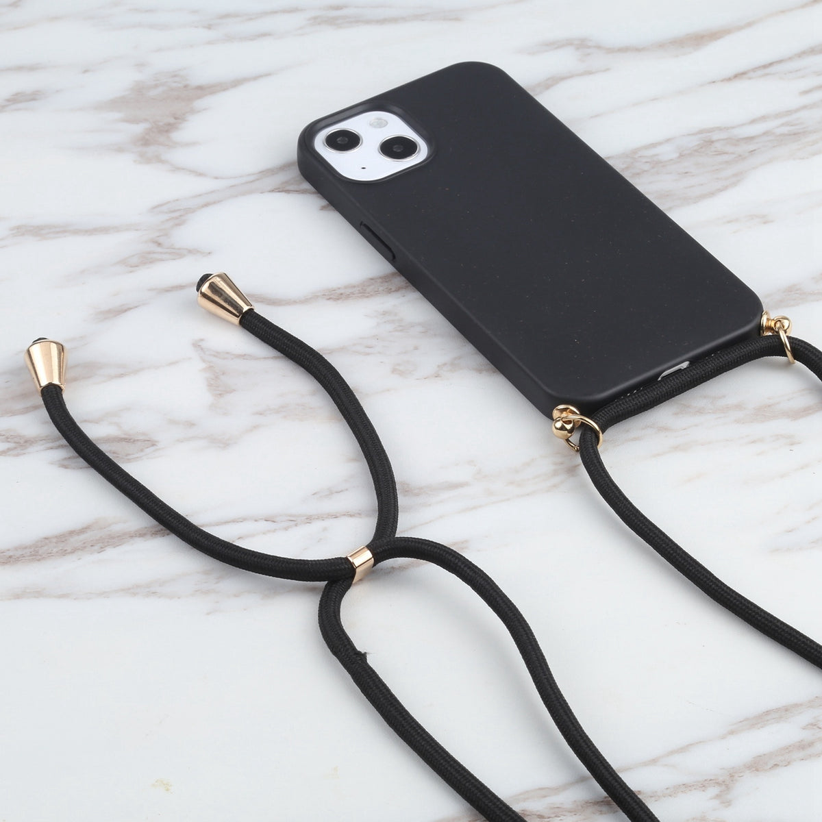ELECTROPRIME For iPhone 15 Wheat Straw TPU Shockproof Phone Case with Neck Lanyard(Black)