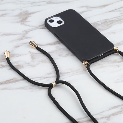 ELECTROPRIME For iPhone 15 Wheat Straw TPU Shockproof Phone Case with Neck Lanyard(Black)