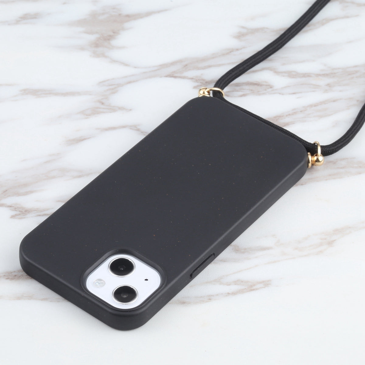 ELECTROPRIME For iPhone 15 Wheat Straw TPU Shockproof Phone Case with Neck Lanyard(Black)