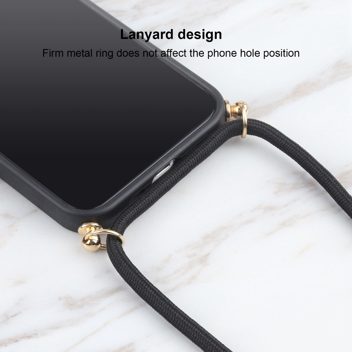 ELECTROPRIME For iPhone 15 Wheat Straw TPU Shockproof Phone Case with Neck Lanyard(Black)