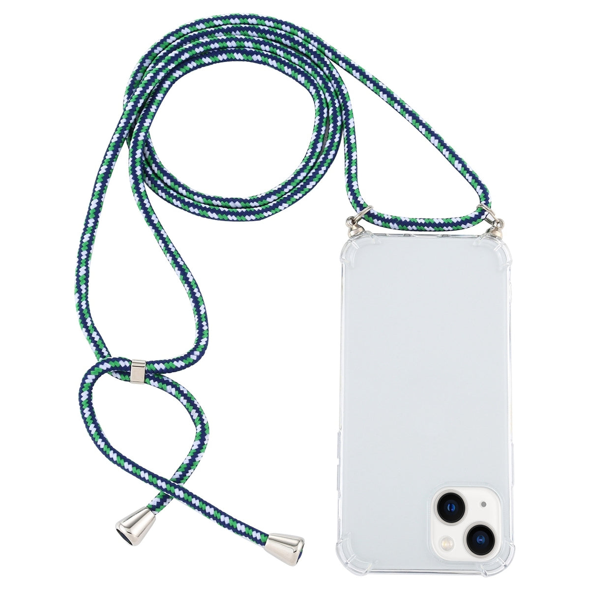 ELECTROPRIME For iPhone 15 Four-Corner Shockproof Transparent TPU Case with Lanyard(Green Blue White)