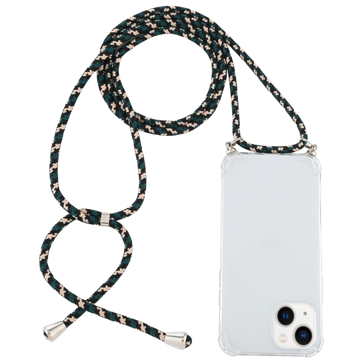 ELECTROPRIME For iPhone 15 Four-Corner Shockproof Transparent TPU Case with Lanyard(Green Black)