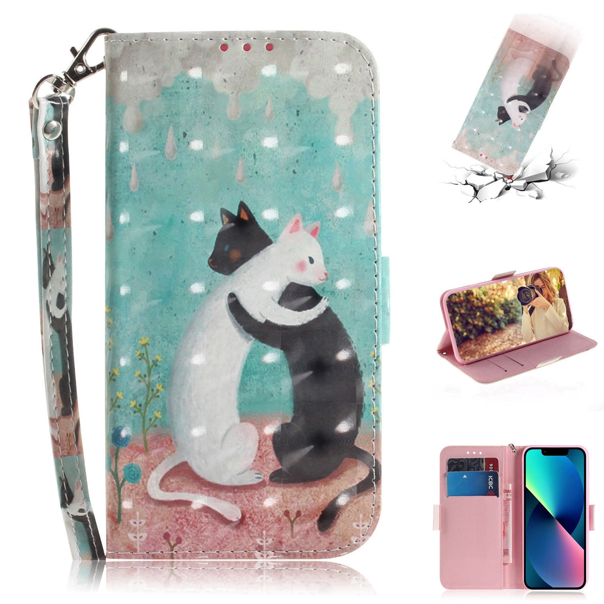 ELECTROPRIME For iPhone 15 3D Colored Horizontal Flip Leather Phone Case(Black White Cat)