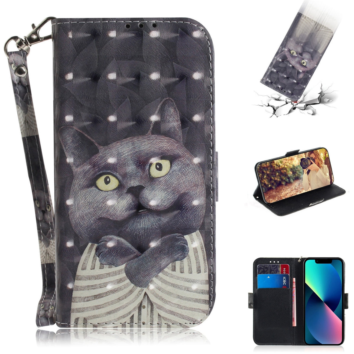 ELECTROPRIME For iPhone 15 3D Colored Horizontal Flip Leather Phone Case(Hug Cat)
