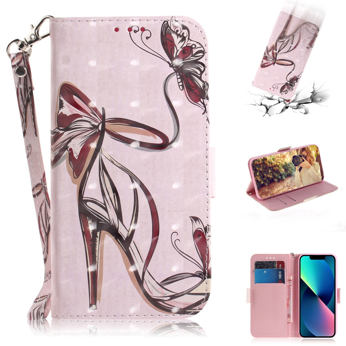 ELECTROPRIME For iPhone 15 3D Colored Horizontal Flip Leather Phone Case(Butterfly High-heeled)