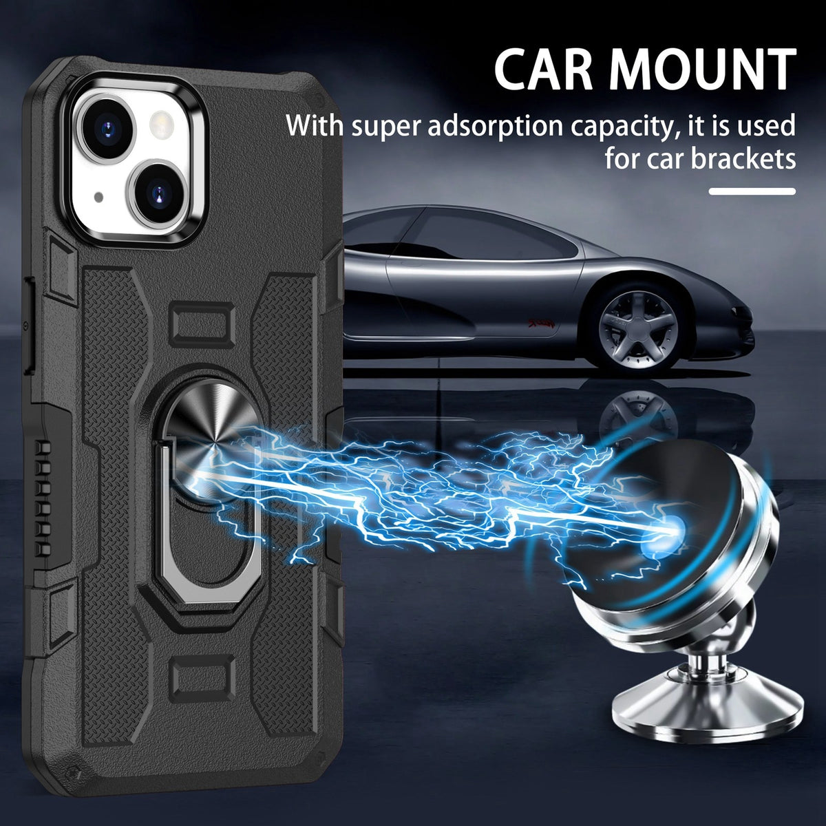 ELECTROPRIME For iPhone 15 Ring Holder Armor Hybrid Phone Case(Black)