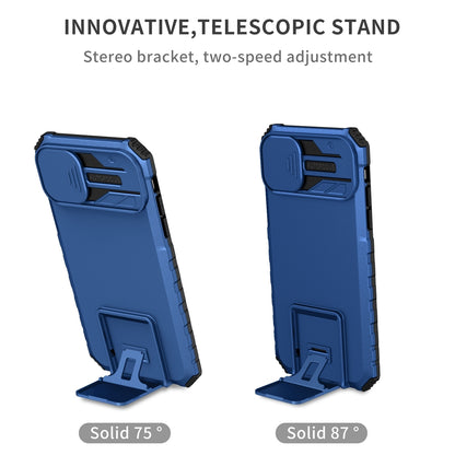 ELECTROPRIME For iPhone 15 Plus Stereoscopic Holder Sliding Camshield Phone Case(Blue)