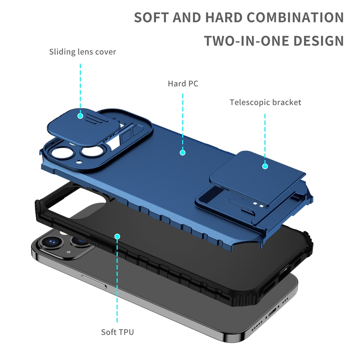ELECTROPRIME For iPhone 15 Plus Stereoscopic Holder Sliding Camshield Phone Case(Blue)