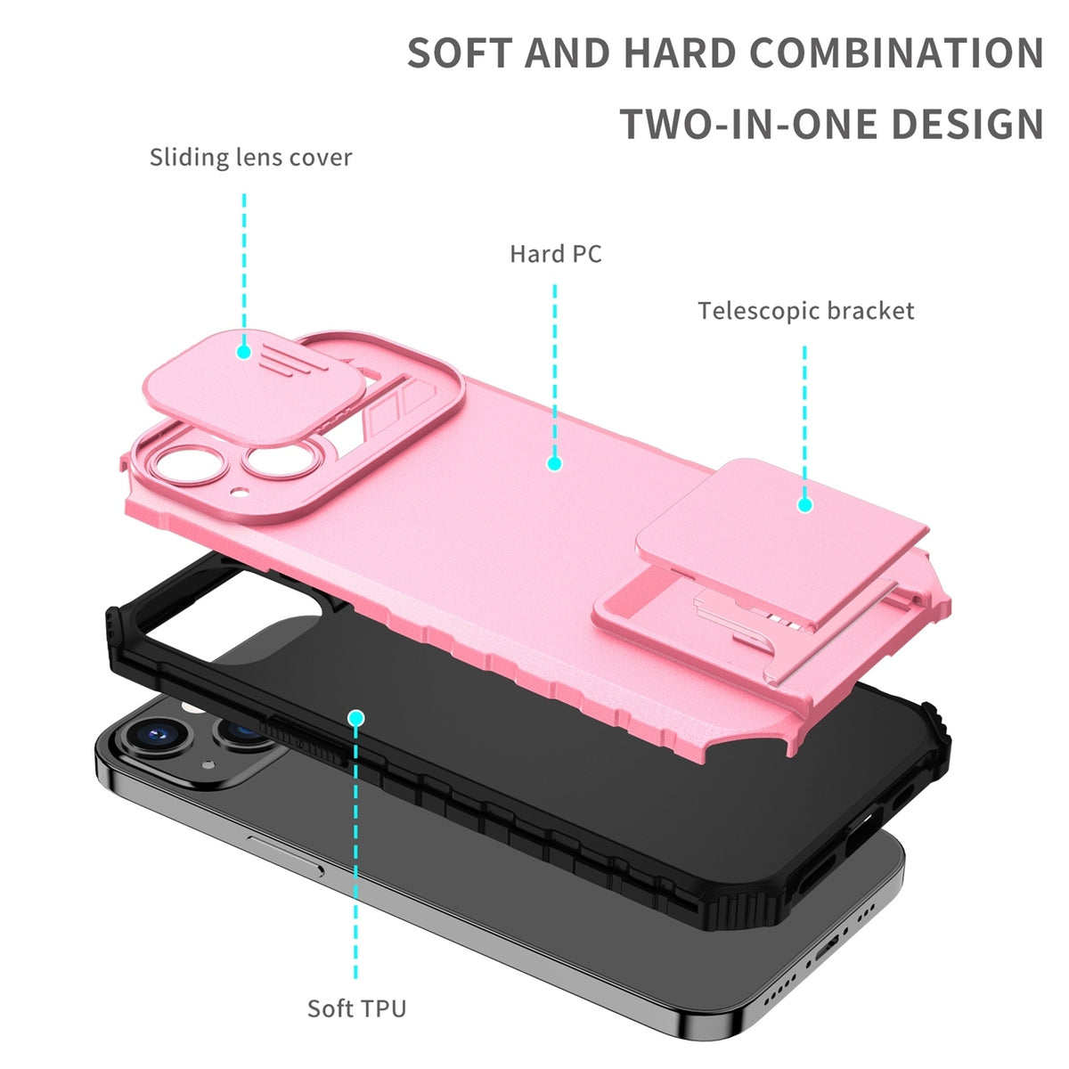 ELECTROPRIME For iPhone 15 Stereoscopic Holder Sliding Camshield Phone Case(Pink)