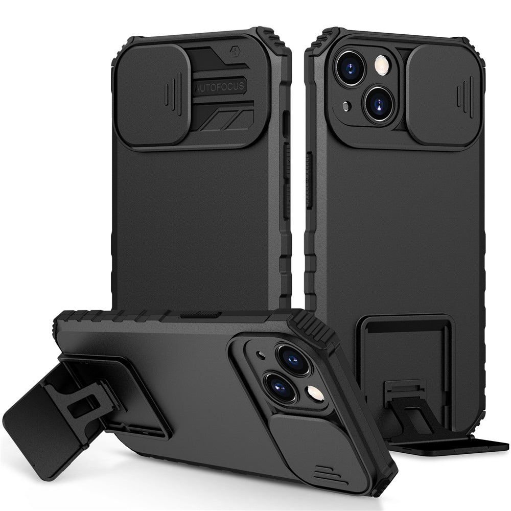 ELECTROPRIME For iPhone 15 Stereoscopic Holder Sliding Camshield Phone Case(Black)