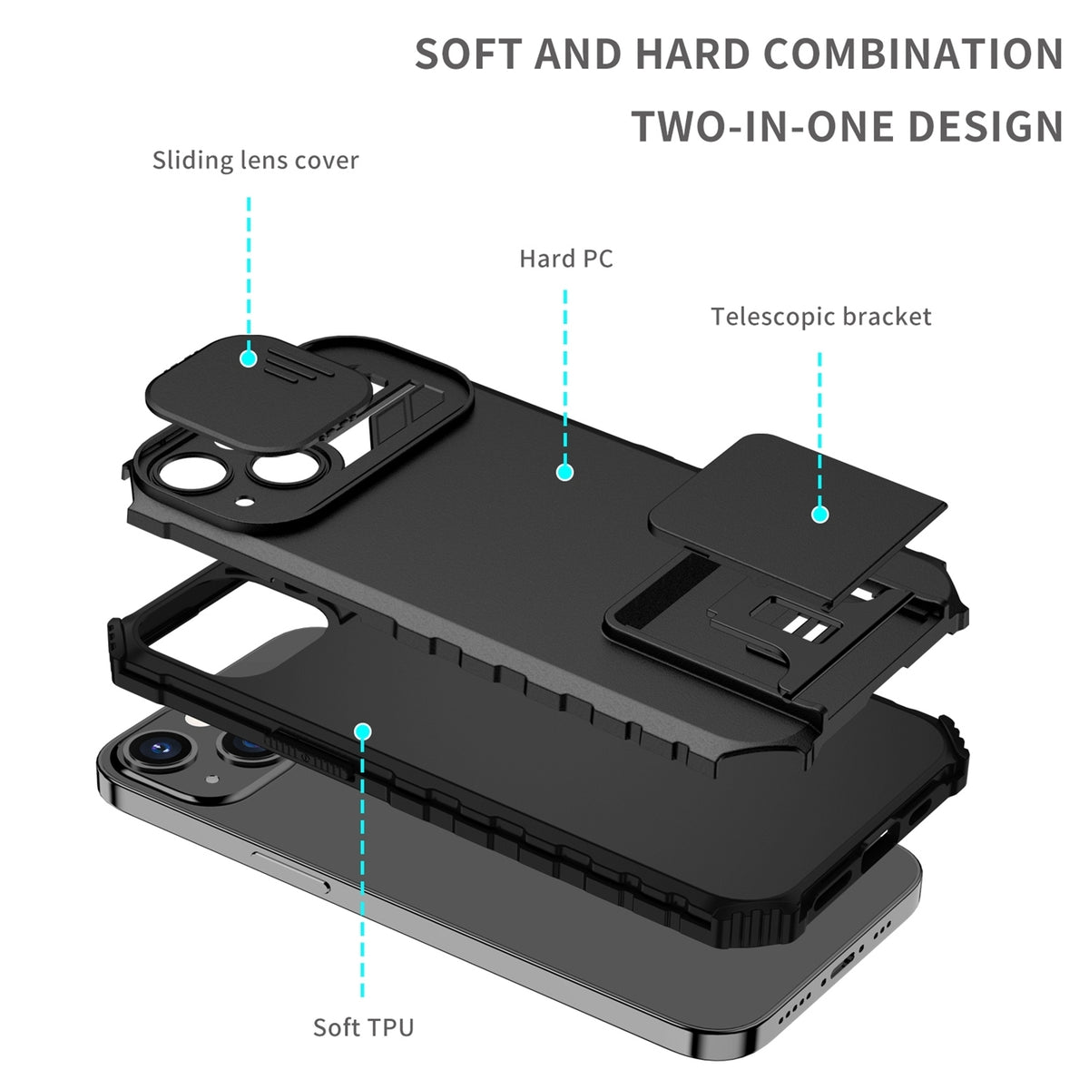 ELECTROPRIME For iPhone 15 Stereoscopic Holder Sliding Camshield Phone Case(Black)
