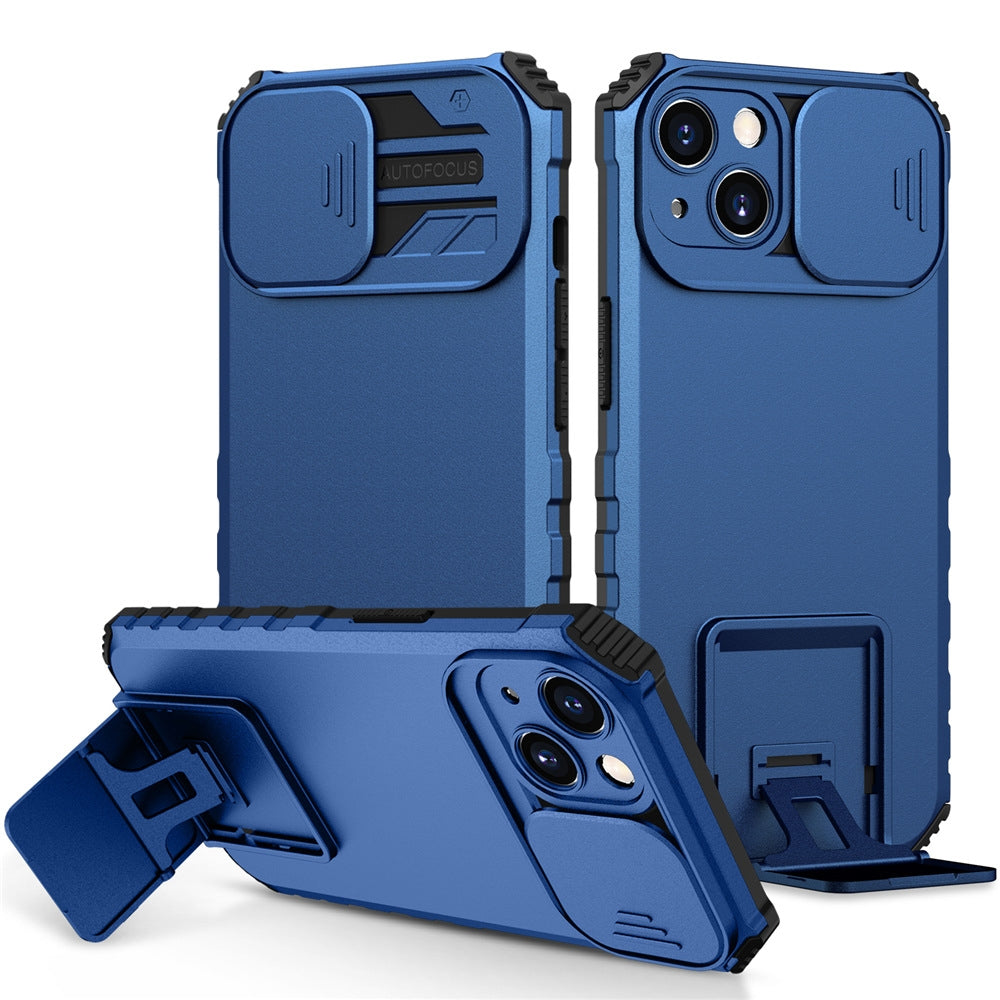 ELECTROPRIME For iPhone 15 Stereoscopic Holder Sliding Camshield Phone Case(Blue)