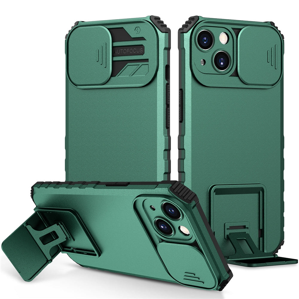 ELECTROPRIME For iPhone 15 Stereoscopic Holder Sliding Camshield Phone Case(Green)