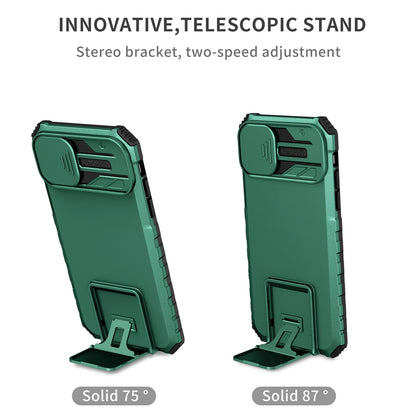 ELECTROPRIME For iPhone 15 Stereoscopic Holder Sliding Camshield Phone Case(Green)
