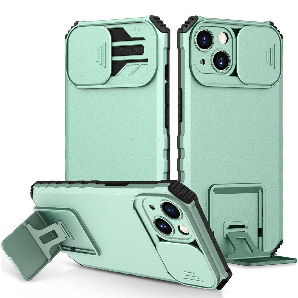 ELECTROPRIME For iPhone 15 Stereoscopic Holder Sliding Camshield Phone Case(Light Blue)