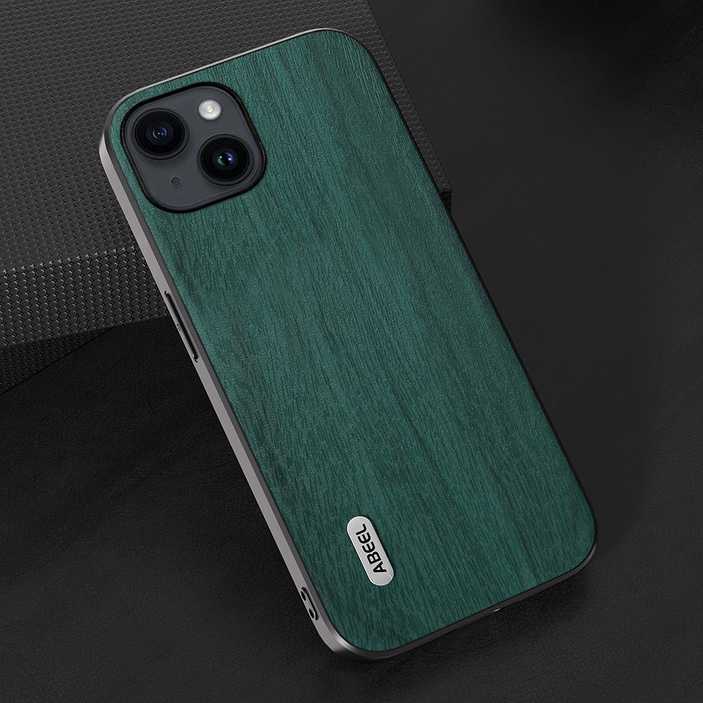 ELECTROPRIME For iPhone 15 ABEEL Wood Texture PU Phone Case(Green)