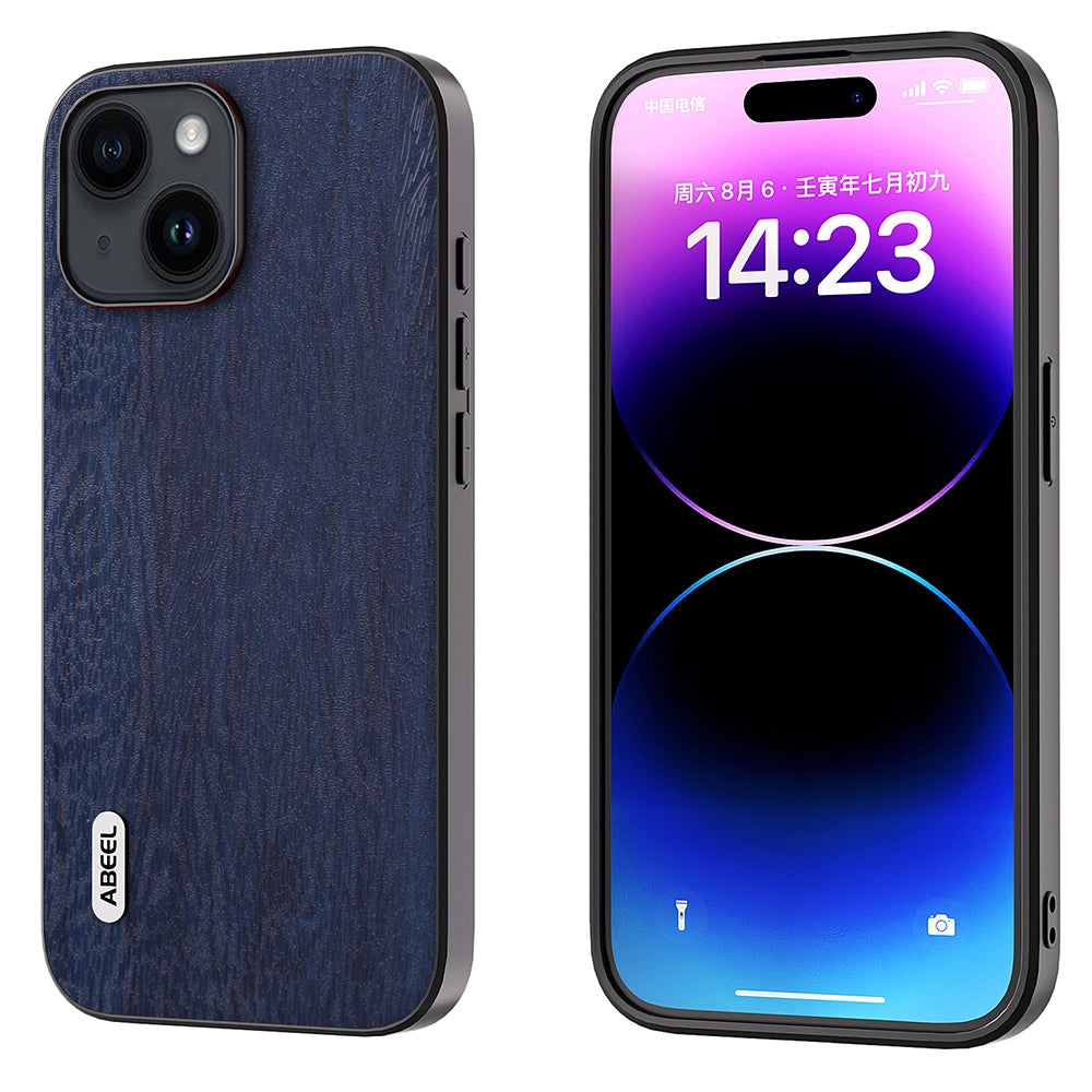 ELECTROPRIME For iPhone 15 ABEEL Wood Texture PU Phone Case(Blue)