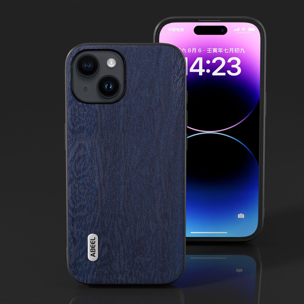 ELECTROPRIME For iPhone 15 ABEEL Wood Texture PU Phone Case(Blue)