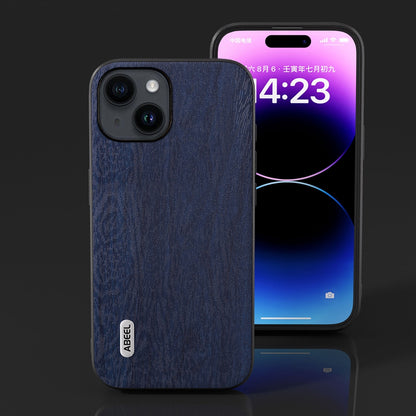 ELECTROPRIME For iPhone 15 ABEEL Wood Texture PU Phone Case(Blue)