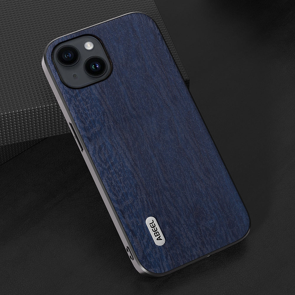 ELECTROPRIME For iPhone 15 ABEEL Wood Texture PU Phone Case(Blue)
