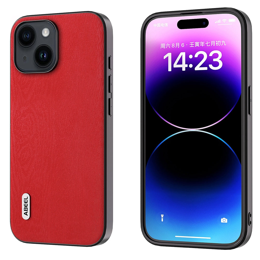 ELECTROPRIME For iPhone 15 ABEEL Wood Texture PU Phone Case(Red)