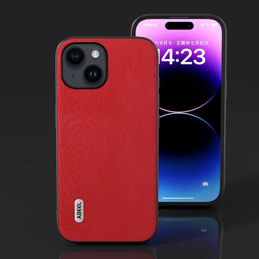 ELECTROPRIME For iPhone 15 ABEEL Wood Texture PU Phone Case(Red)