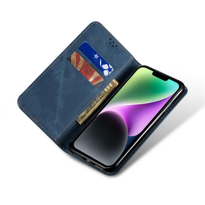 ELECTROPRIME For iPhone 15 Plus Denim Texture Casual Style Horizontal Flip Leather Case(Blue)