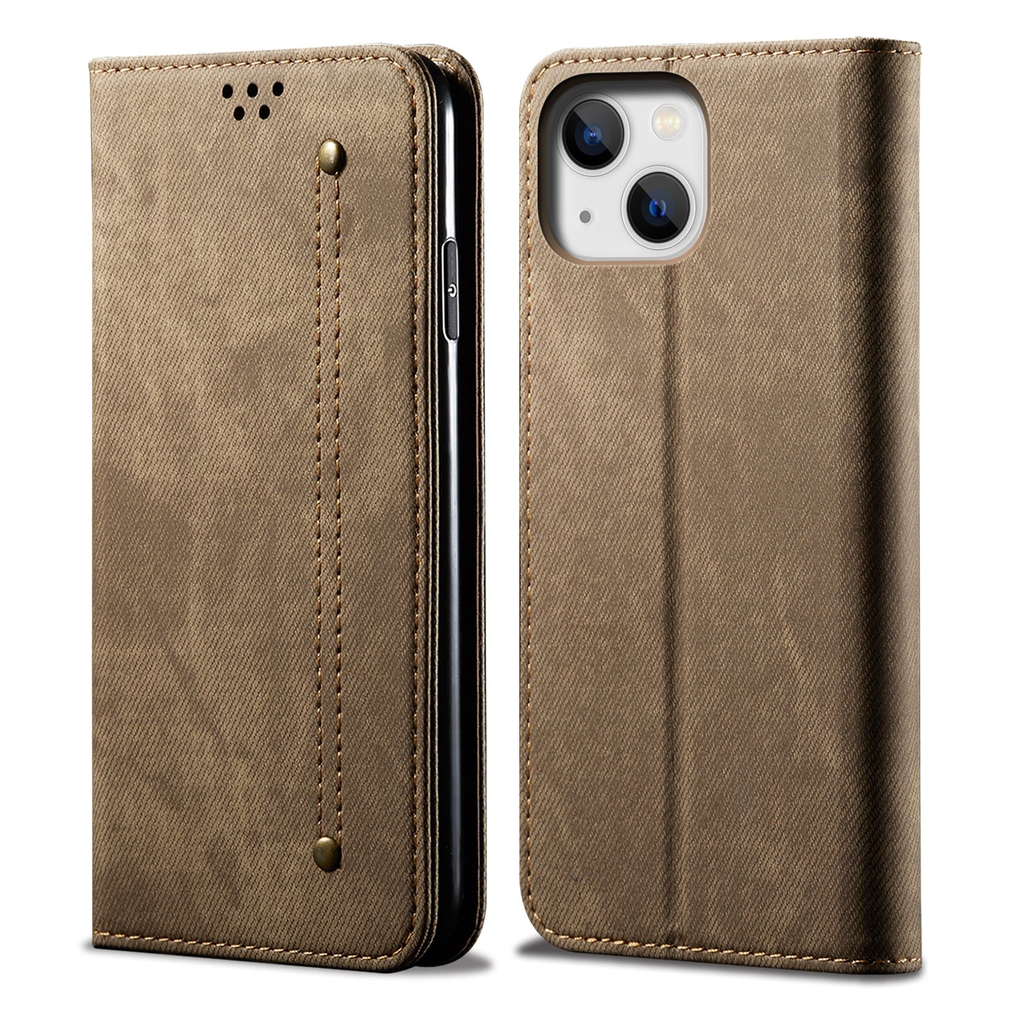 ELECTROPRIME For iPhone 15 Denim Texture Casual Style Horizontal Flip Leather Case(Khaki)