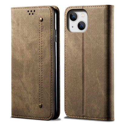 ELECTROPRIME For iPhone 15 Denim Texture Casual Style Horizontal Flip Leather Case(Khaki)