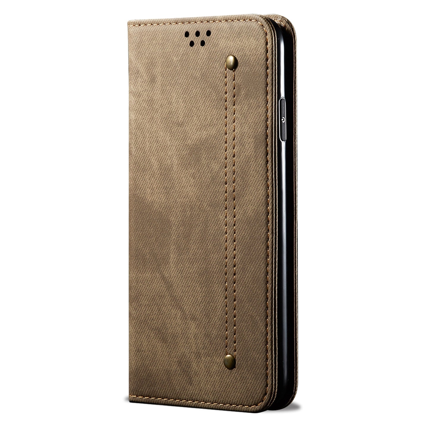 ELECTROPRIME For iPhone 15 Denim Texture Casual Style Horizontal Flip Leather Case(Khaki)