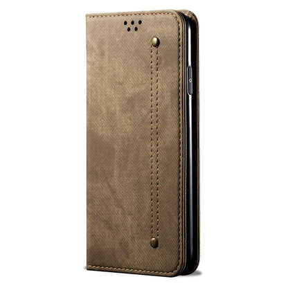ELECTROPRIME For iPhone 15 Denim Texture Casual Style Horizontal Flip Leather Case(Khaki)