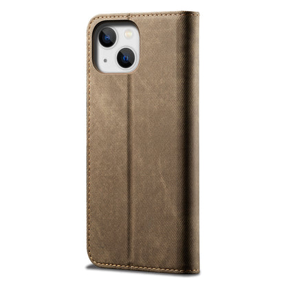 ELECTROPRIME For iPhone 15 Denim Texture Casual Style Horizontal Flip Leather Case(Khaki)