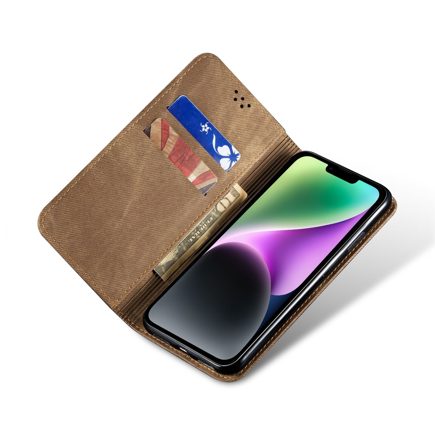 ELECTROPRIME For iPhone 15 Denim Texture Casual Style Horizontal Flip Leather Case(Khaki)