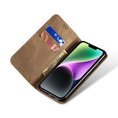 ELECTROPRIME For iPhone 15 Denim Texture Casual Style Horizontal Flip Leather Case(Khaki)