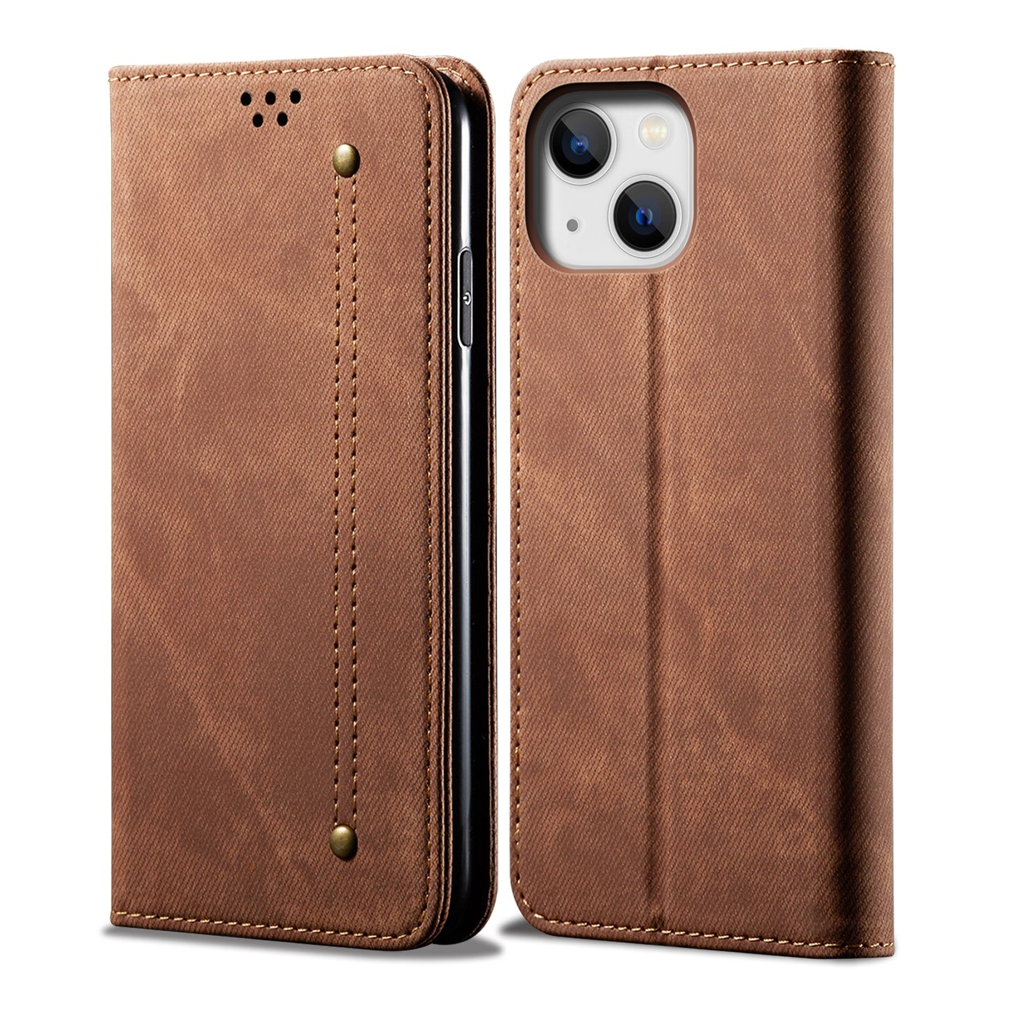 ELECTROPRIME For iPhone 15 Denim Texture Casual Style Horizontal Flip Leather Case(Brown)